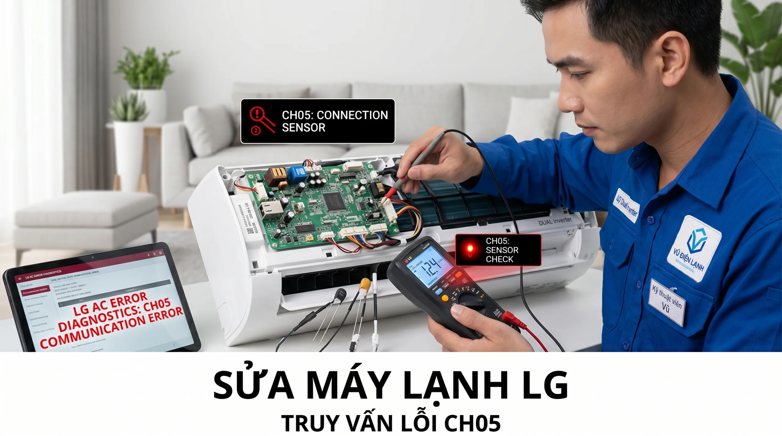 Kỹ thuật viên Vũ Điện Lạnh đang dùng đồng hồ vạn năng đo kiểm trị số cảm biến và tín hiệu kết nối để khắc phục lỗi CH05 trên bo mạch điều hòa LG Dual Inverter tại nhà khách hàng