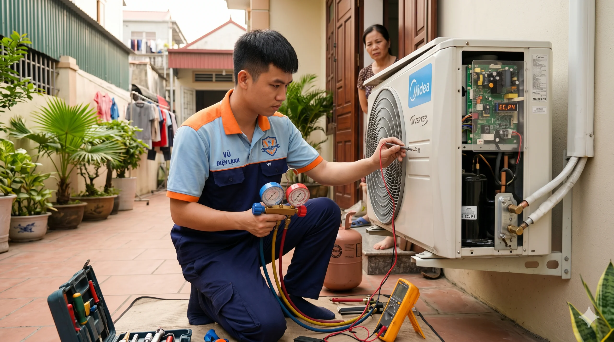 Kỹ thuật viên kiểm tra mã lỗi EC và P4 trên điều hòa Midea Inverter bằng đồng hồ đo gas và vạn năng kế