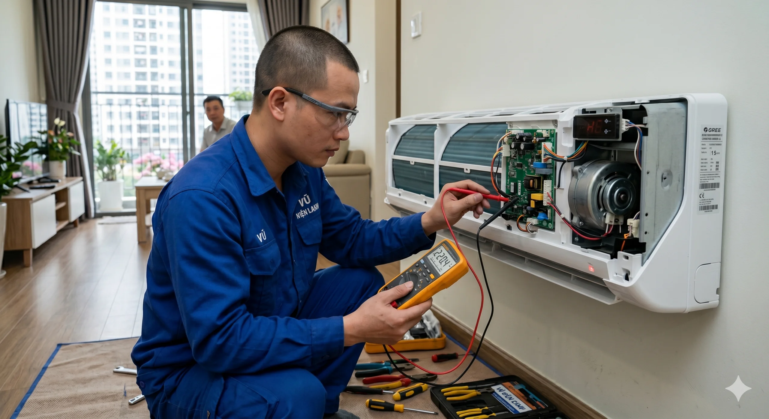 Kỹ thuật viên Vũ Điện Lạnh đang dùng đồng hồ vạn năng đo kiểm motor quạt và bo điều khiển để xử lý dứt điểm mã lỗi H6 trên dàn lạnh điều hòa Gree tại Cầu Giấy