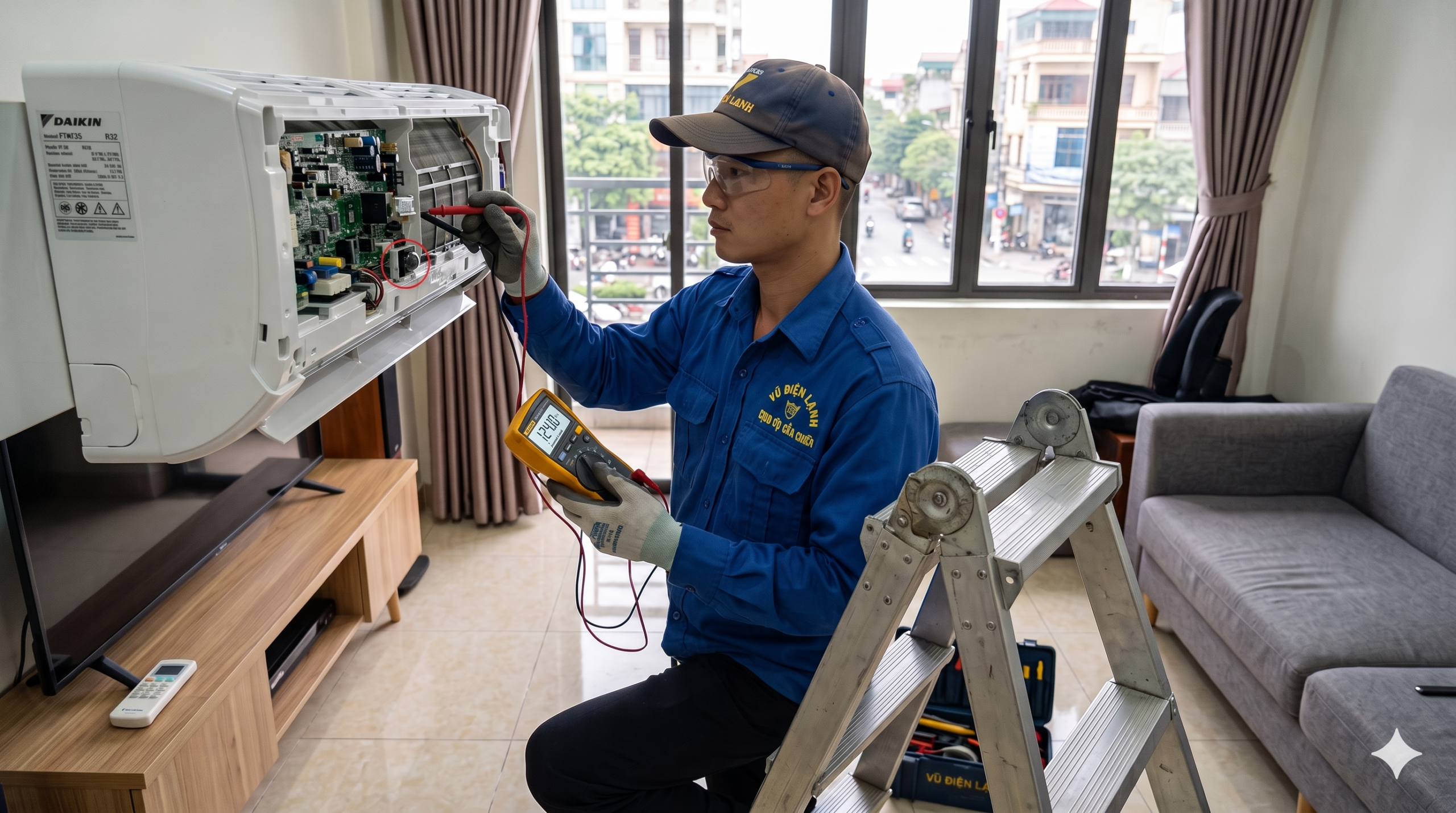Kỹ thuật viên Vũ Điện Lạnh đang dùng đồng hồ đo điện vạn năng để kiểm tra mắt nhận tín hiệu và bo mạch điều hòa bị lỗi không nhận remote tại nhà khách hàng