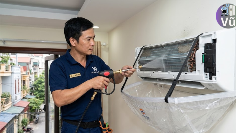 Kỹ thuật viên Vũ Điện Lạnh đang sử dụng máy bơm áp lực cao và bạt che chuyên dụng để xịt rửa dàn lạnh điều hòa treo tường sạch sẽ tại nhà khách hàng ở Hà Nội