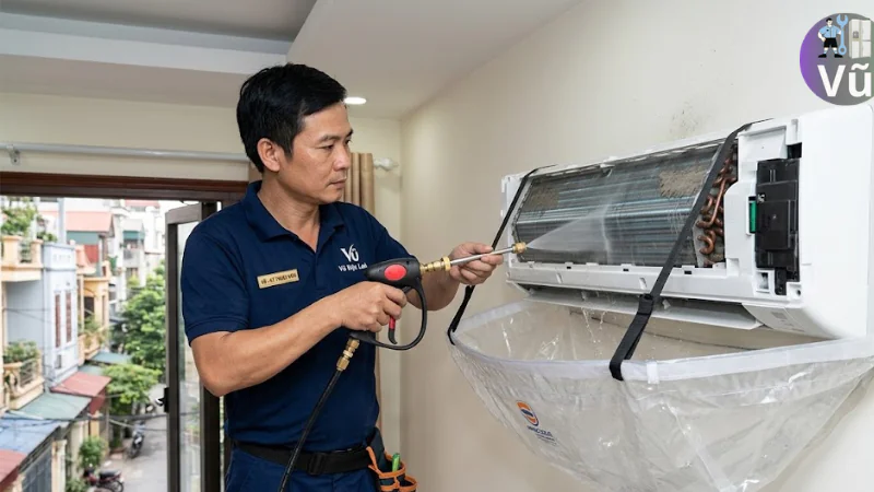 Kỹ thuật viên xịt rửa dàn lạnh điều hòa treo tường tại nhà khách hàng, có che chắn bằng bạt chuyên dụng