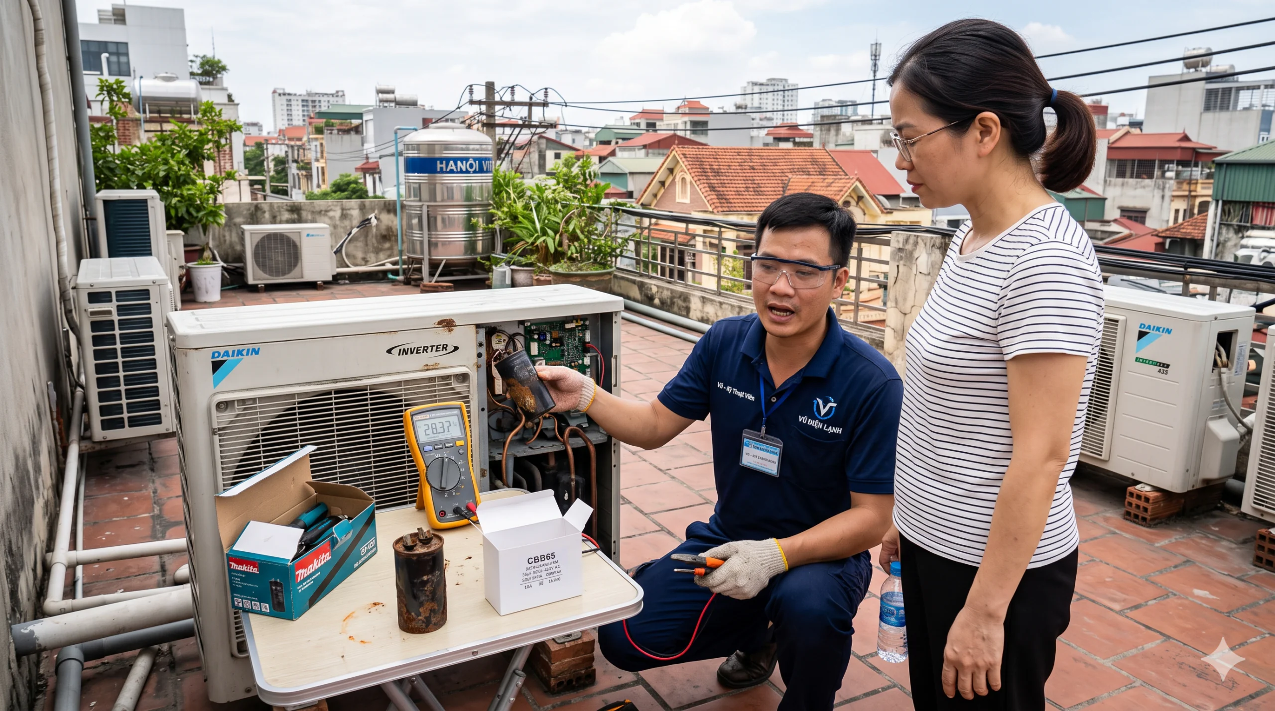 Kỹ thuật viên Vũ Điện Lạnh đang dùng đồng hồ đo điện kiểm tra thực tế, đối chiếu linh kiện cũ mới và giải thích rõ nguyên nhân hỏng hóc cho khách hàng trước khi sửa chữa