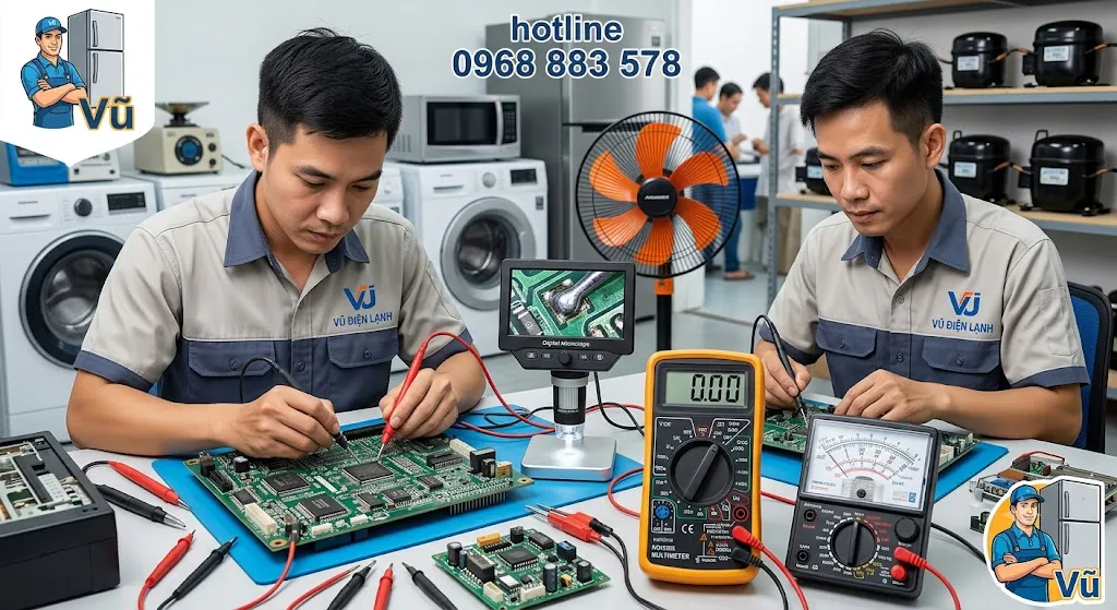 thợ của Vũ Điện Lạnh đang dùng đồng hồ vạn năng đo kiểm trị số cảm biến và khắc phục lỗi bo mạch điều hòa Panasonic Inverter báo lỗi tại khu đô thị Cổ Nhuế Bắc Từ Liêm