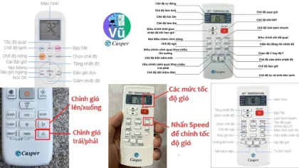 Đồ họa giải thích chi tiết ý nghĩa và cách sử dụng các nút bấm trên điều khiển điều hòa Casper: MODE, COOL, DRY, TURBO, TIMER, SLEEP