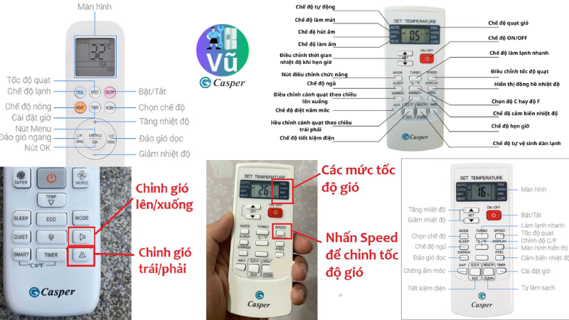 Đồ họa giải thích chi tiết ý nghĩa và cách sử dụng các nút bấm trên điều khiển điều hòa Casper: MODE, COOL, DRY, TURBO, TIMER, SLEEP
