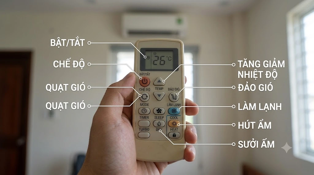 Ý nghĩa các ký hiệu và nút bấm trên điều khiển remote điều hòa - Vũ Điện Lạnh 2