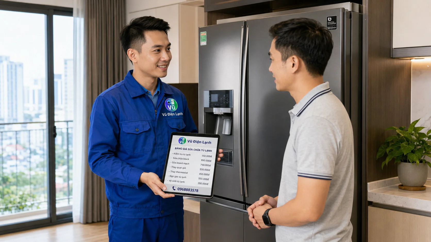 Kỹ thuật viên Vũ Điện Lạnh công khai bảng giá sửa tủ lạnh tại nhà cho khách hàng trước khi tiến hành dịch vụ.