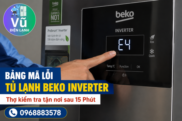 Kỹ thuật viên Vũ Điện Lạnh kiểm tra và giải thích mã lỗi E4 hiển thị trên màn hình tủ lạnh Beko Inverter cho khách hàng tại Hà Nội.