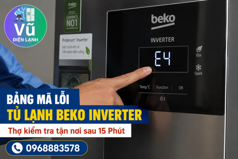 Kỹ thuật viên Vũ Điện Lạnh kiểm tra và giải thích mã lỗi E4 hiển thị trên màn hình tủ lạnh Beko Inverter cho khách hàng tại Hà Nội.