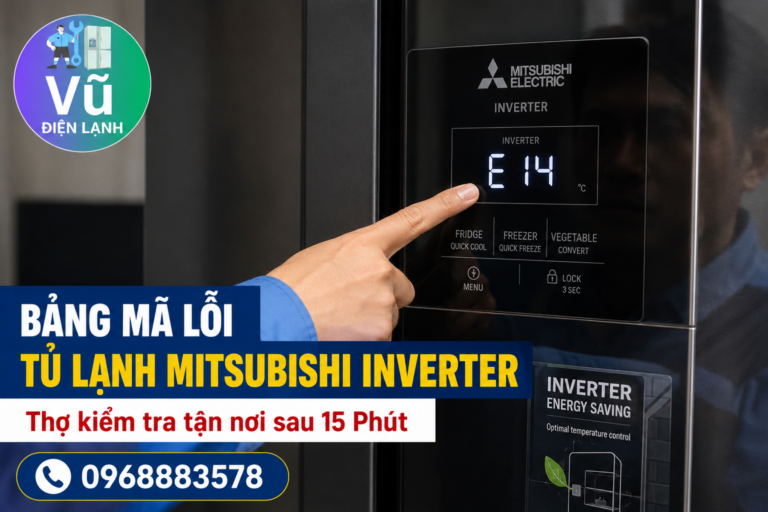 Kỹ thuật viên Vũ Điện Lạnh kiểm tra và giải thích mã lỗi E14 hiển thị trên màn hình tủ lạnh Mitsubishi Inverter cho khách hàng tại nhà.