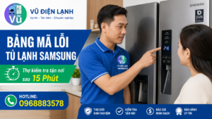 Kỹ thuật viên Vũ Điện Lạnh kiểm tra và giải thích mã lỗi hiển thị trên màn hình tủ lạnh Samsung Inverter cho khách hàng tại nhà.