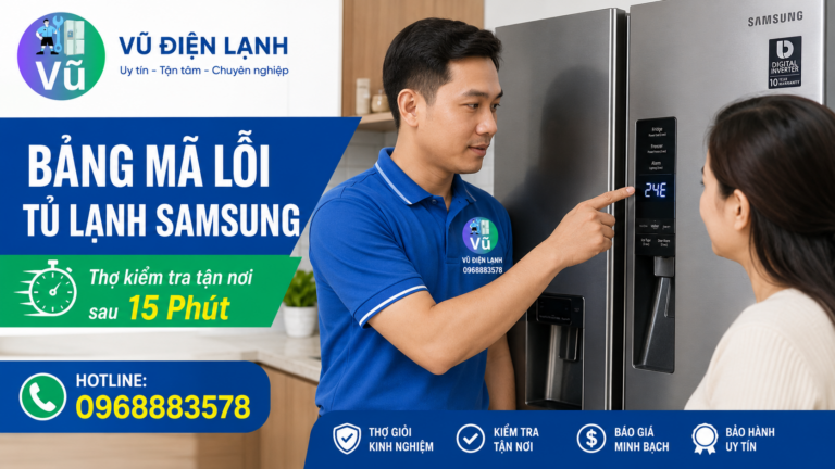 Kỹ thuật viên Vũ Điện Lạnh kiểm tra và giải thích mã lỗi hiển thị trên màn hình tủ lạnh Samsung Inverter cho khách hàng tại nhà.