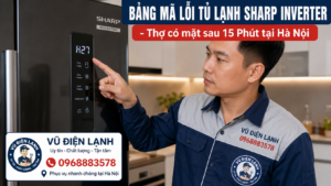 Kỹ thuật viên Vũ Điện Lạnh đang kiểm tra và giải mã lỗi hiển thị trên màn hình tủ lạnh Sharp Inverter tại nhà khách hàng.