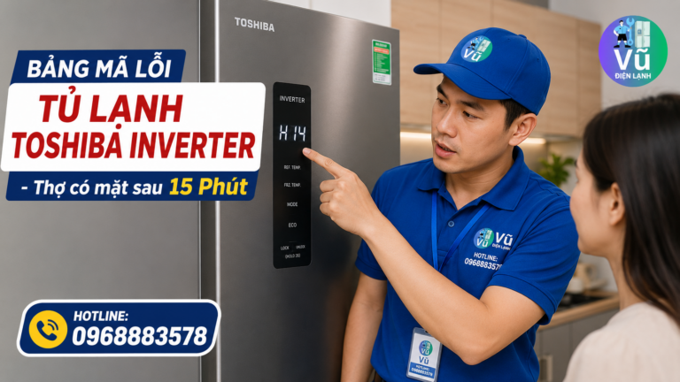 Kỹ thuật viên Vũ Điện Lạnh kiểm tra và giải mã lỗi hiển thị trên màn hình tủ lạnh Toshiba Inverter tại nhà khách hàng.