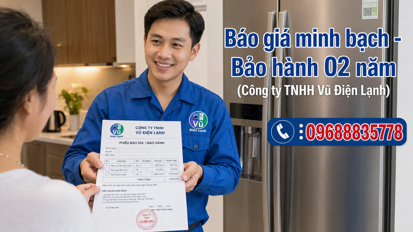 Vũ Điện Lạnh cung cấp phiếu báo giá và bảo hành 02 năm minh bạch, có dấu mộc công ty rõ ràng sau khi sửa tủ lạnh.