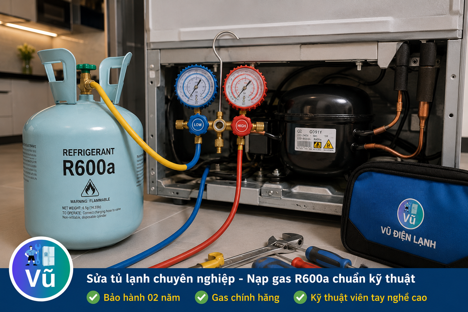 Kỹ thuật viên sử dụng đúng loại gas R600a và đồng hồ áp suất chuyên dụng để nạp gas tủ lạnh chuẩn thông số nhà sản xuất.