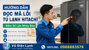 Kỹ thuật viên Vũ Điện Lạnh hướng dẫn cách đếm số lần nháy đèn để tra cứu mã lỗi tủ lạnh Hitachi Inverter.