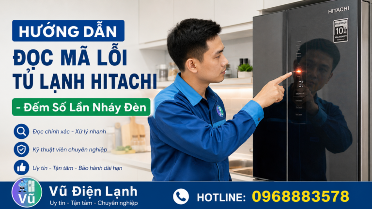 Kỹ thuật viên Vũ Điện Lạnh hướng dẫn cách đếm số lần nháy đèn để tra cứu mã lỗi tủ lạnh Hitachi Inverter.