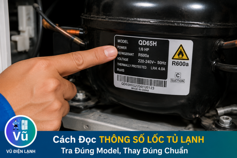 ỹ thuật viên Vũ Điện Lạnh hướng dẫn cách đọc thông số lốc tủ lạnh trên tem máy nén để xác định đúng model và loại môi chất lạnh.