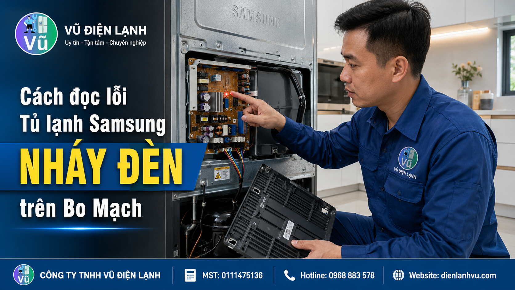 Hướng dẫn kỹ thuật viên đếm số lần nháy đèn trên bo mạch công suất để tra cứu mã lỗi tủ lạnh Samsung.