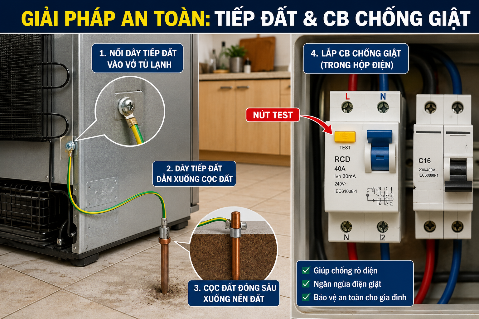 Sơ đồ hướng dẫn lắp dây tiếp đất và aptomat chống giật (RCD) để phòng tránh tai nạn rò rỉ điện tủ lạnh.