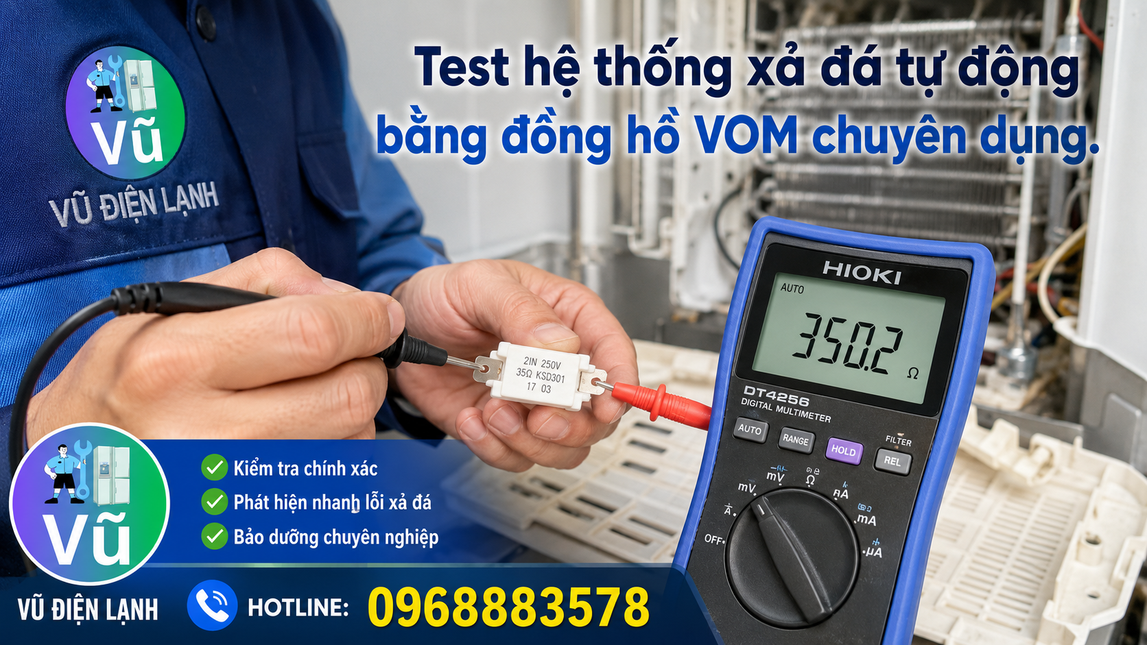 Kỹ thuật viên dùng đồng hồ VOM đo điện trở xả đá và sò lạnh để kiểm tra nguyên nhân hệ thống xả đá tự động tủ lạnh không hoạt động.