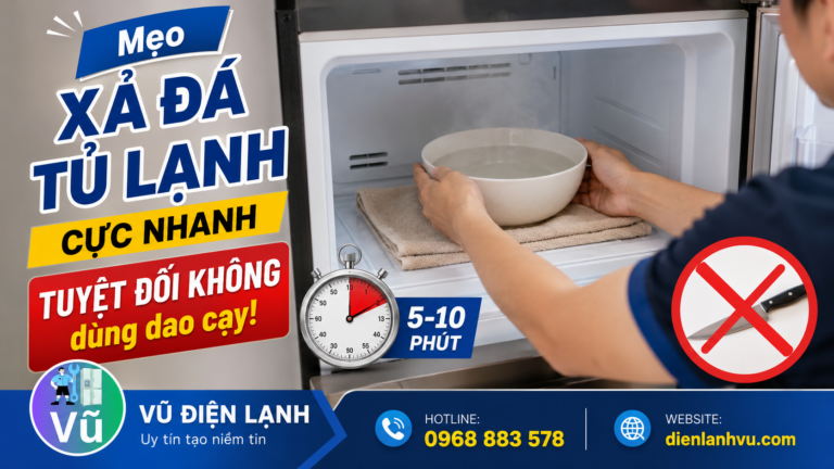 Hướng dẫn cách xả đá tủ lạnh nhanh chóng và an toàn bằng bát nước ấm, tuyệt đối không dùng dao nhọn để cạy đá tránh thủng dàn lạnh.