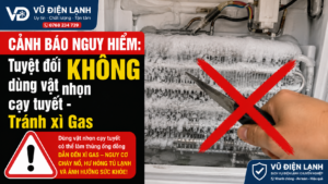 Cảnh báo nguy hiểm tuyệt đối không dùng dao hoặc vật sắc nhọn để cạy lớp tuyết bám trên tủ lạnh nhằm tránh đâm thủng dàn lạnh gây xì gas.