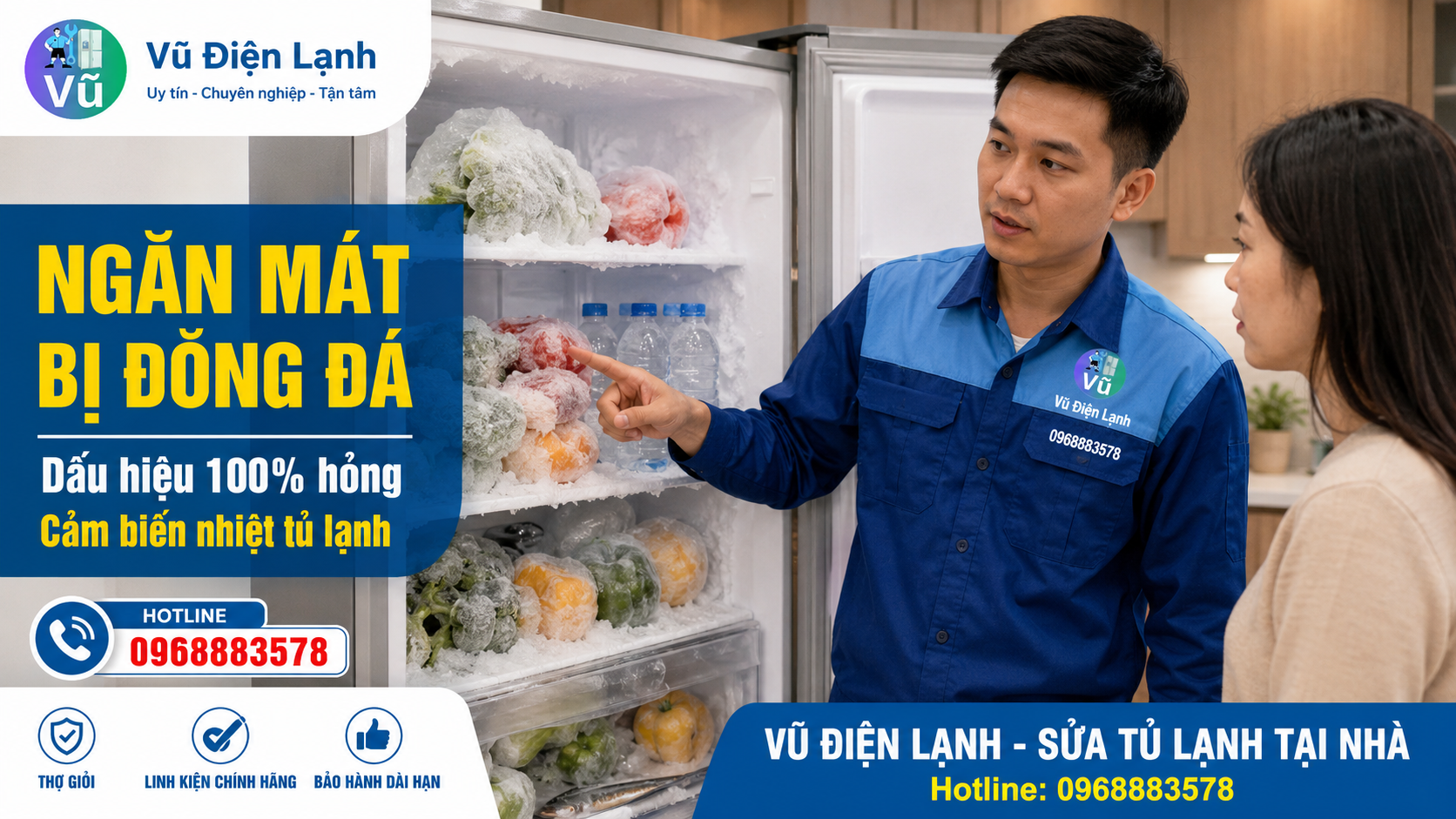 Kỹ thuật viên kiểm tra hiện tượng ngăn mát tủ lạnh bị đóng đá thực phẩm do cảm biến nhiệt (sensor) bị hỏng, cấp sai tín hiệu cho bo mạch.