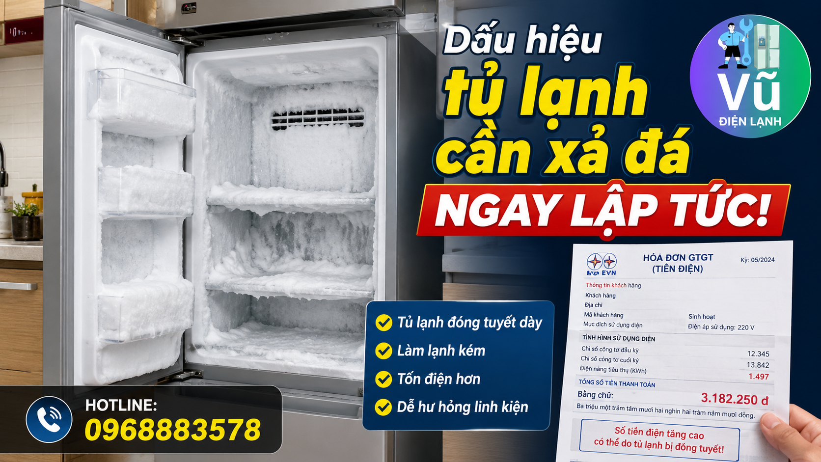 Hình ảnh ngăn đông tủ lạnh bị đóng tuyết dày đặc, làm giảm hơi lạnh và gây tốn điện, cần tiến hành xả đá ngay.