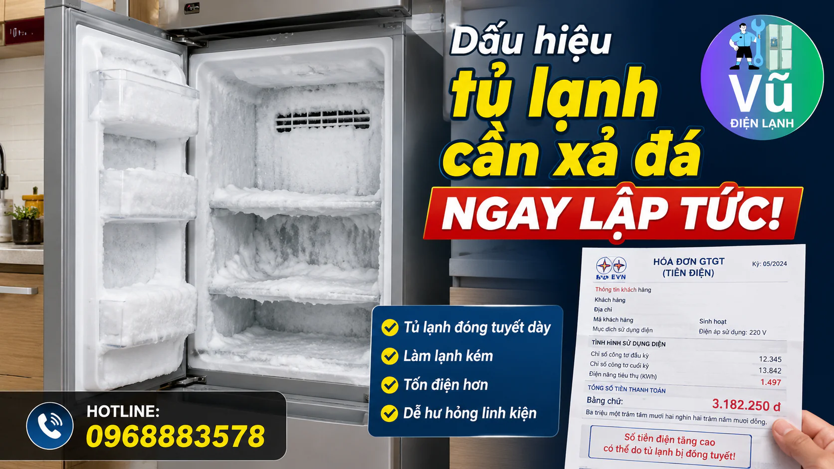 Hình ảnh ngăn đông tủ lạnh bị đóng tuyết dày đặc, làm giảm hơi lạnh và gây tốn điện, cần tiến hành xả đá ngay.