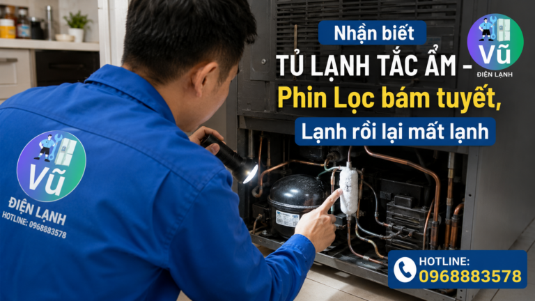 Kỹ thuật viên Vũ Điện Lạnh kiểm tra phin lọc gas bị đọng sương và đóng tuyết, dấu hiệu đặc trưng của lỗi tủ lạnh tắc ẩm.