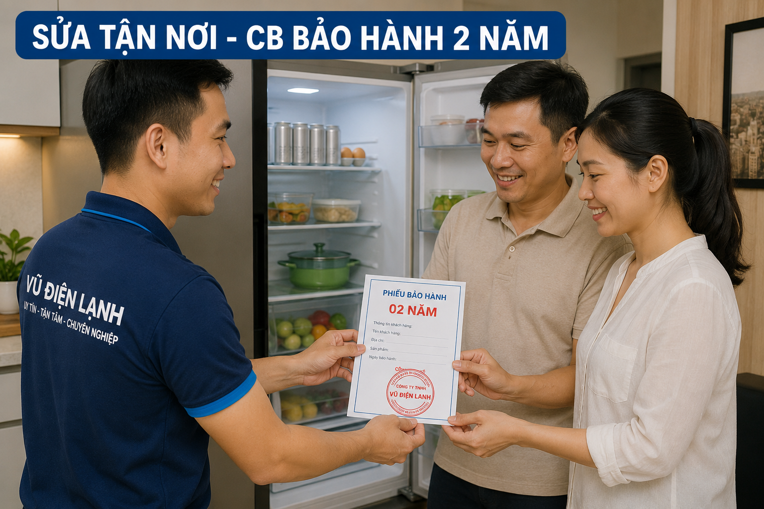 Kỹ thuật viên Vũ Điện Lạnh bàn giao phiếu bảo hành sau khi xử lý triệt để tình trạng tủ lạnh dò điện tại nhà.