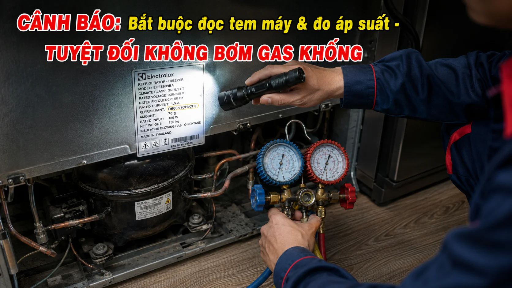 Kỹ thuật viên Vũ Điện Lạnh kiểm tra tem thông số và sử dụng đồng hồ đo áp suất hệ thống lạnh tủ Electrolux, cam kết nói không với chiêu trò bơm gas khống.