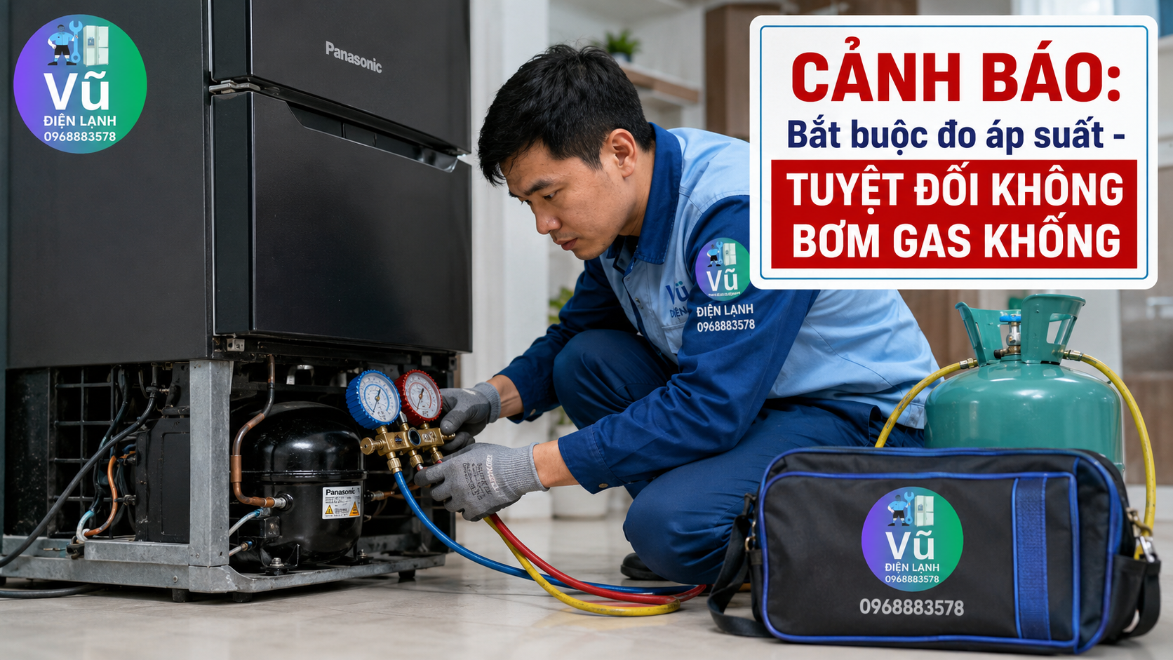 Kỹ thuật viên Vũ Điện Lạnh sử dụng đồng hồ đo áp suất chuyên dụng để kiểm tra hệ thống kín tủ lạnh Panasonic, cam kết nói không với chiêu trò bơm gas khống.