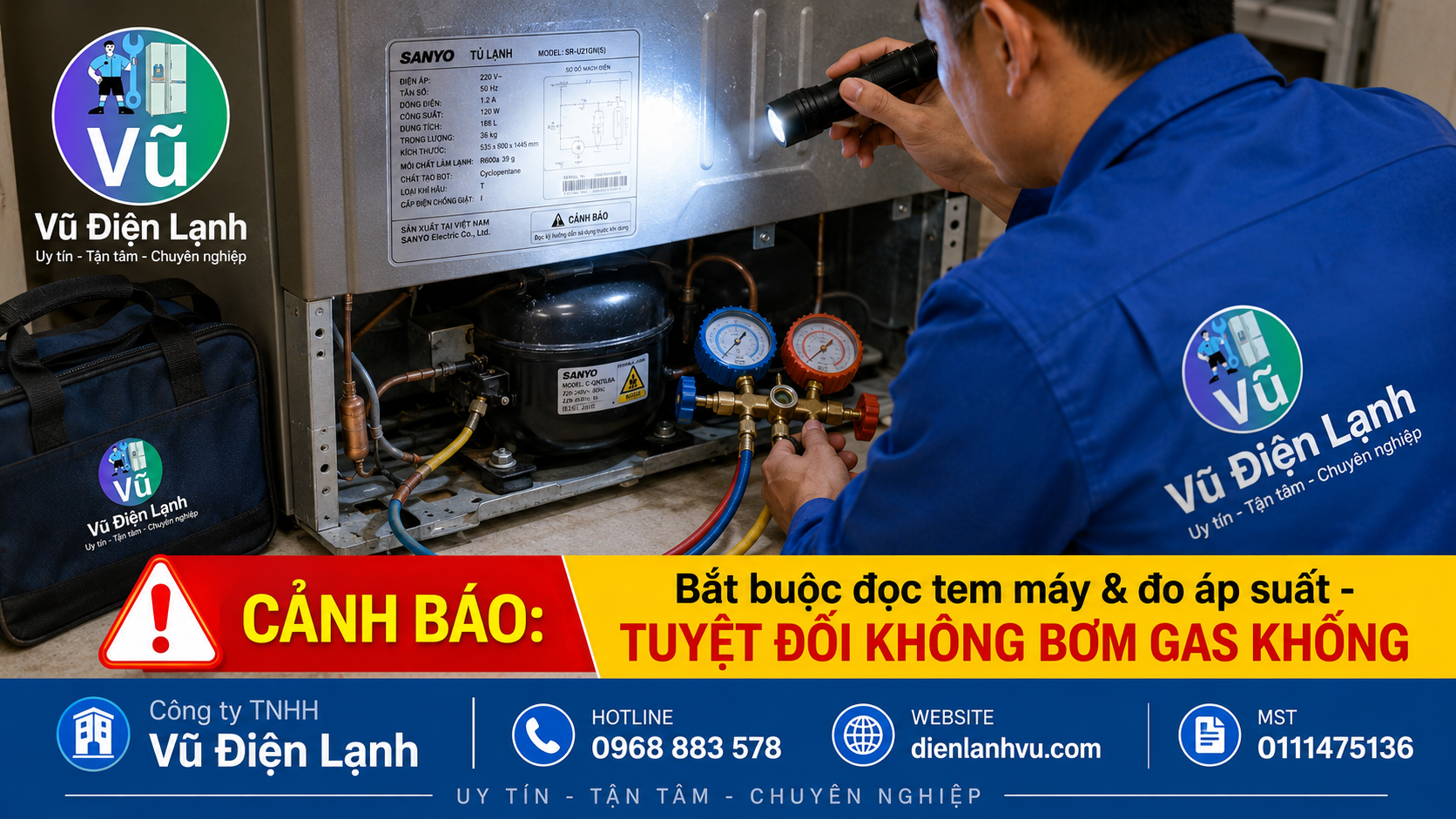 Kỹ thuật viên Vũ Điện Lạnh kiểm tra tem thông số và sử dụng đồng hồ đo áp suất hệ thống lạnh tủ Sanyo, cam kết nói không với chiêu trò bơm gas khống.