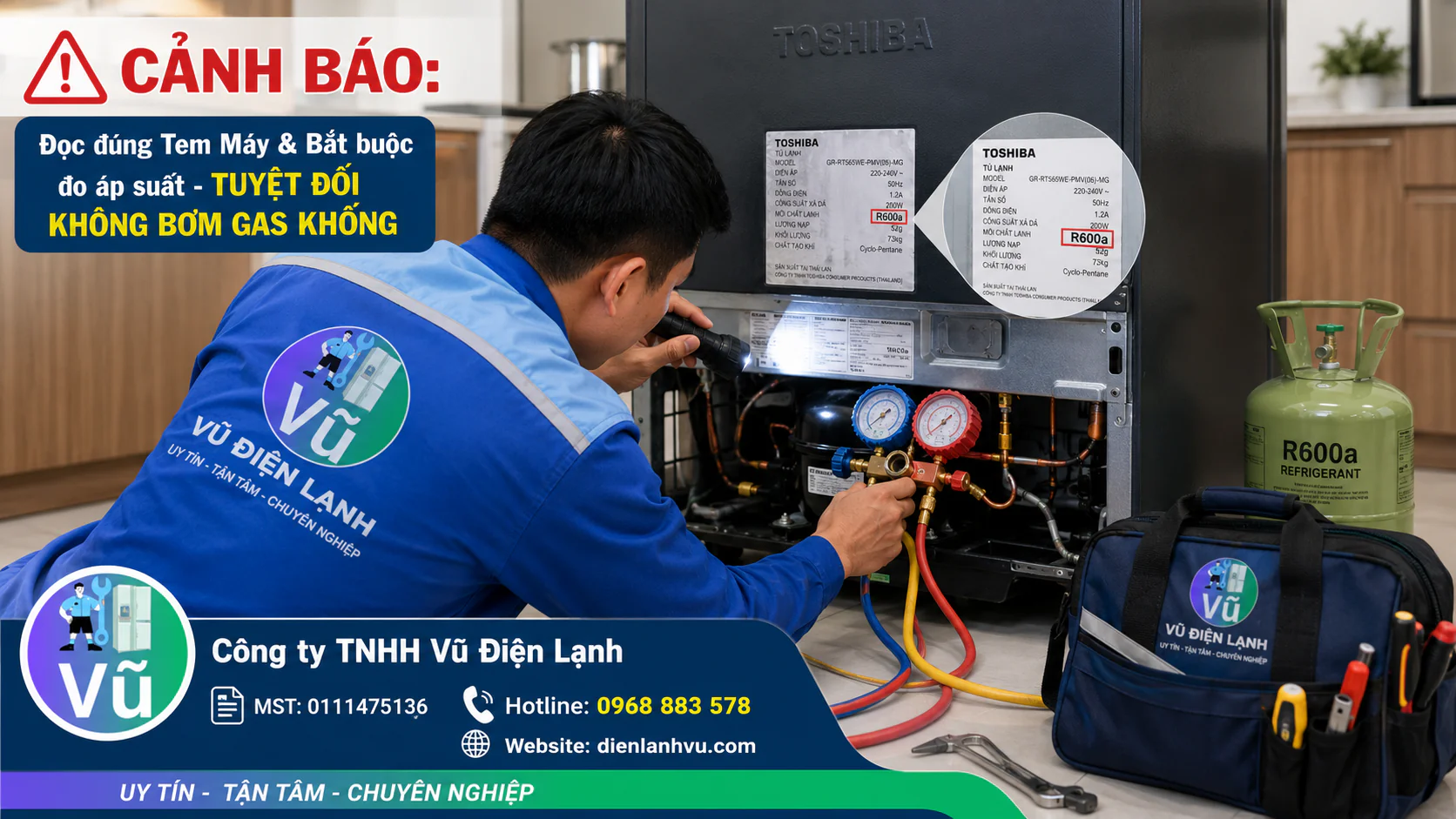 Kỹ thuật viên Vũ Điện Lạnh kiểm tra tem thông số loại gas R600a và sử dụng đồng hồ đo áp suất để chẩn đoán chính xác hệ thống kín của tủ lạnh Toshiba.