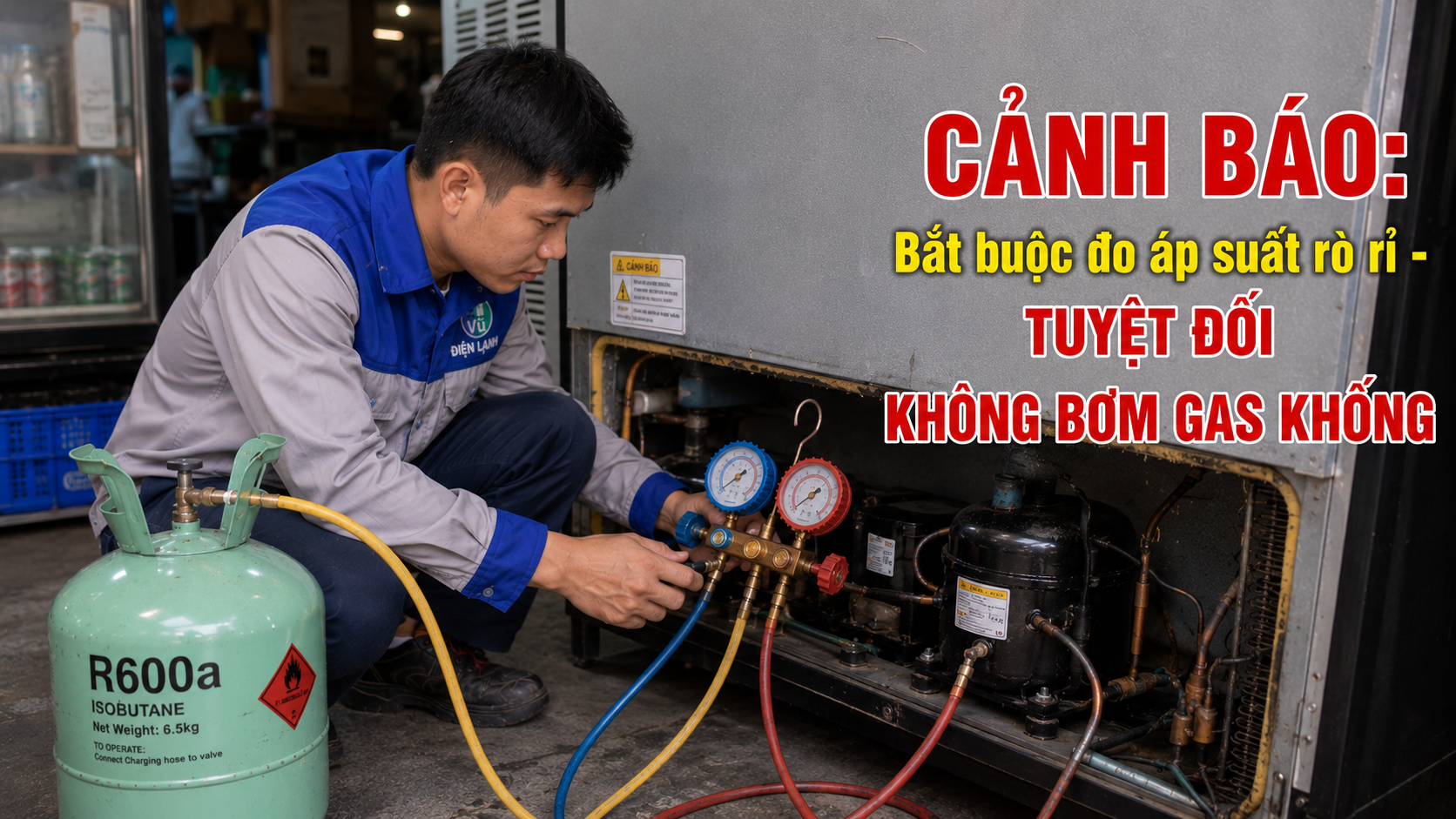 Thợ sửa tủ lạnh sử dụng đồng hồ đo áp suất chuyên dụng để kiểm tra rò rỉ gas, cam kết nói không với chiêu trò bơm gas khống.