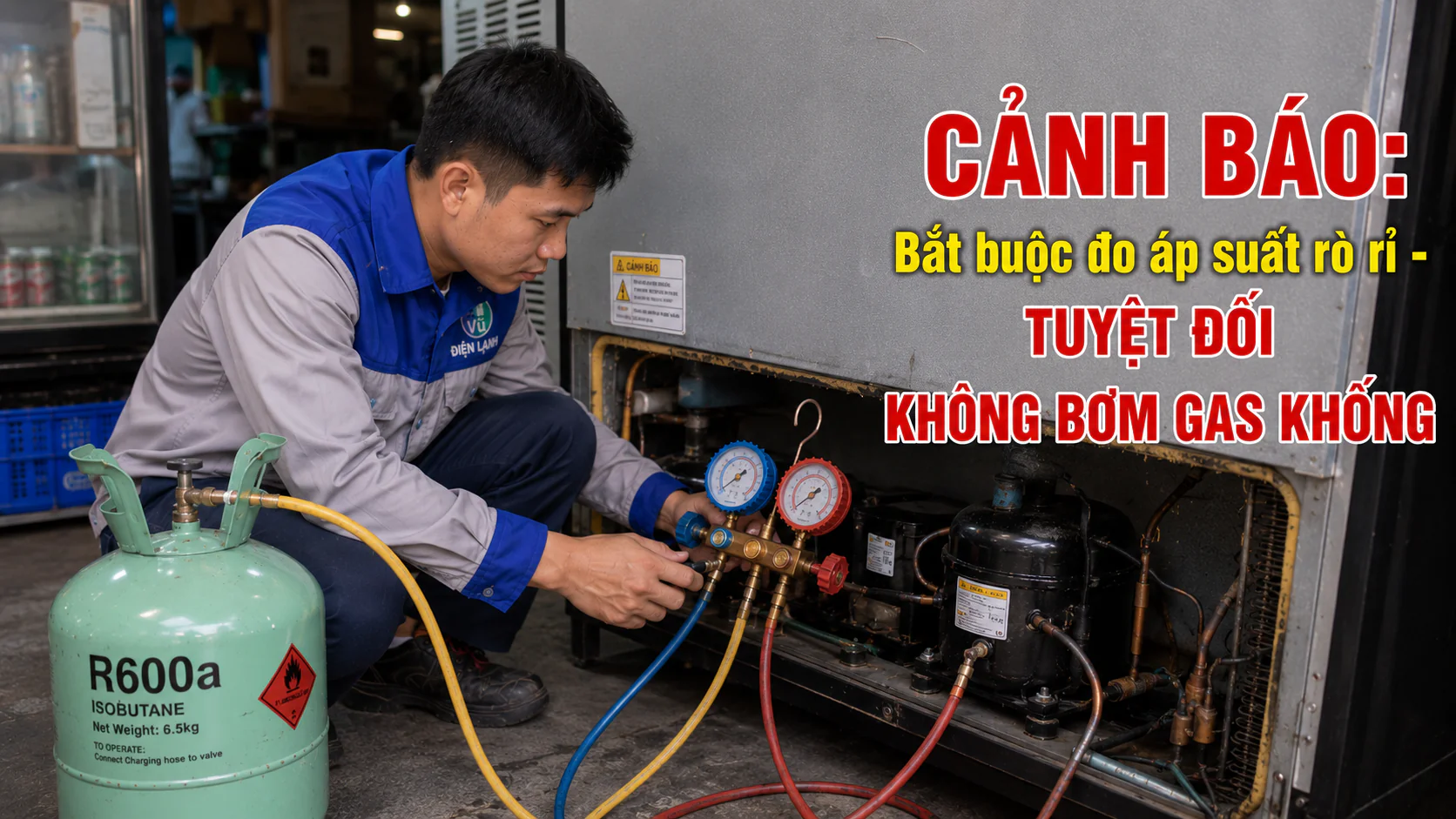 Thợ sửa tủ lạnh sử dụng đồng hồ đo áp suất chuyên dụng để kiểm tra rò rỉ gas, cam kết nói không với chiêu trò bơm gas khống.