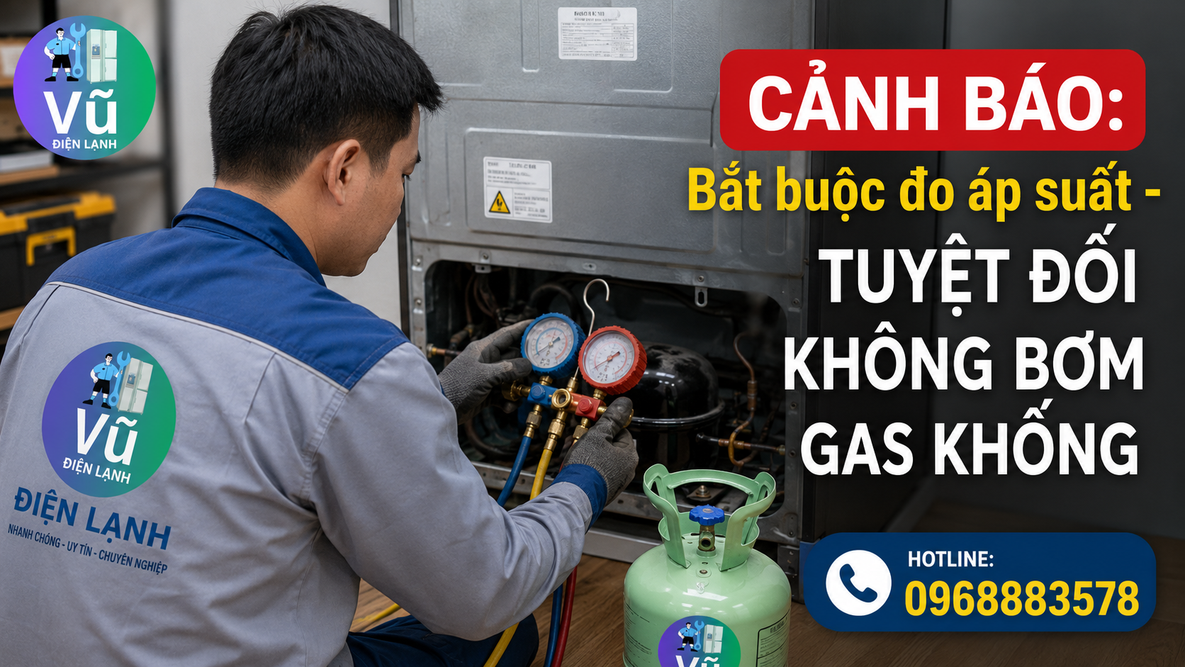 Thợ sửa tủ lạnh sử dụng đồng hồ đo áp suất chuyên dụng để kiểm tra rò rỉ, cam kết nói không với chiêu trò bơm gas khống.