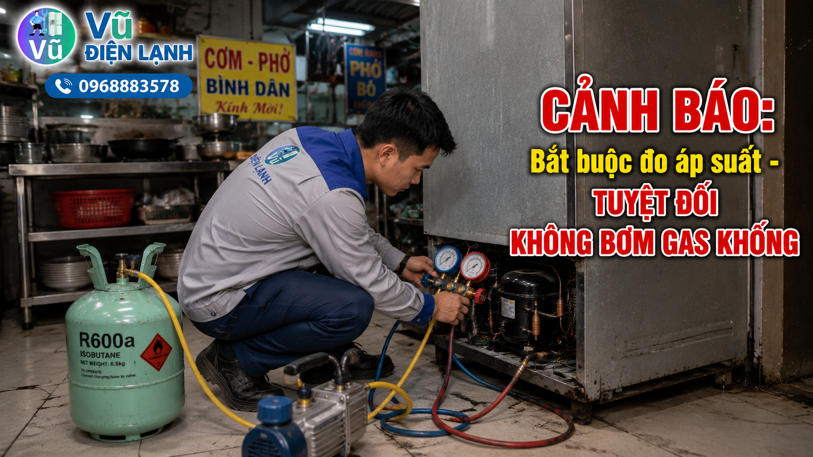 Thợ sửa tủ lạnh sử dụng đồng hồ đo áp suất chuyên dụng để kiểm tra rò rỉ, cam kết nói không với chiêu trò bơm gas khống ở gia lâm