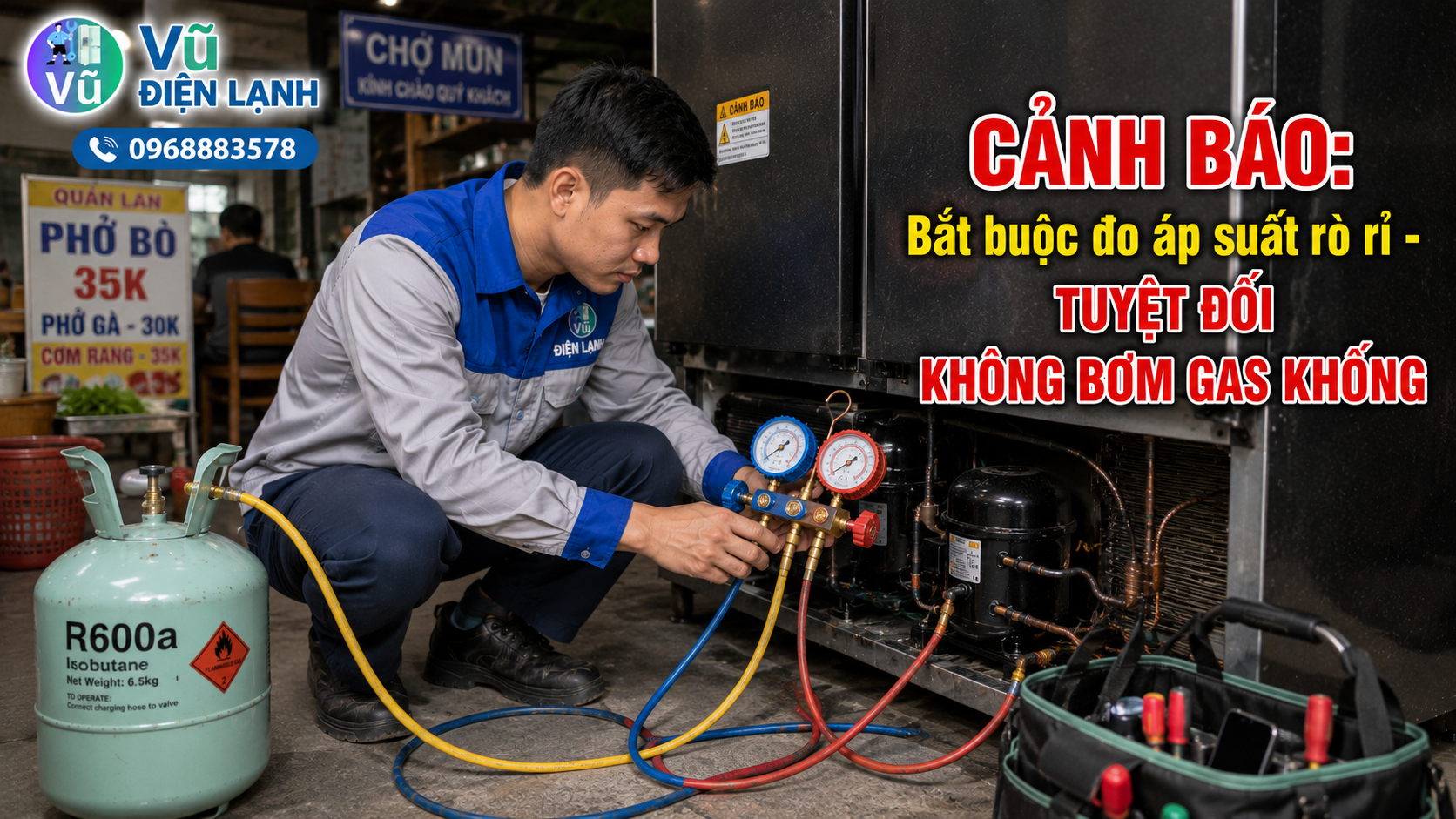 Kỹ thuật viên kiểm tra rò rỉ gas bằng đồng hồ áp suất chuyên dụng, cam kết tuyệt đối không nạp gas khống moi tiền khách hàng.