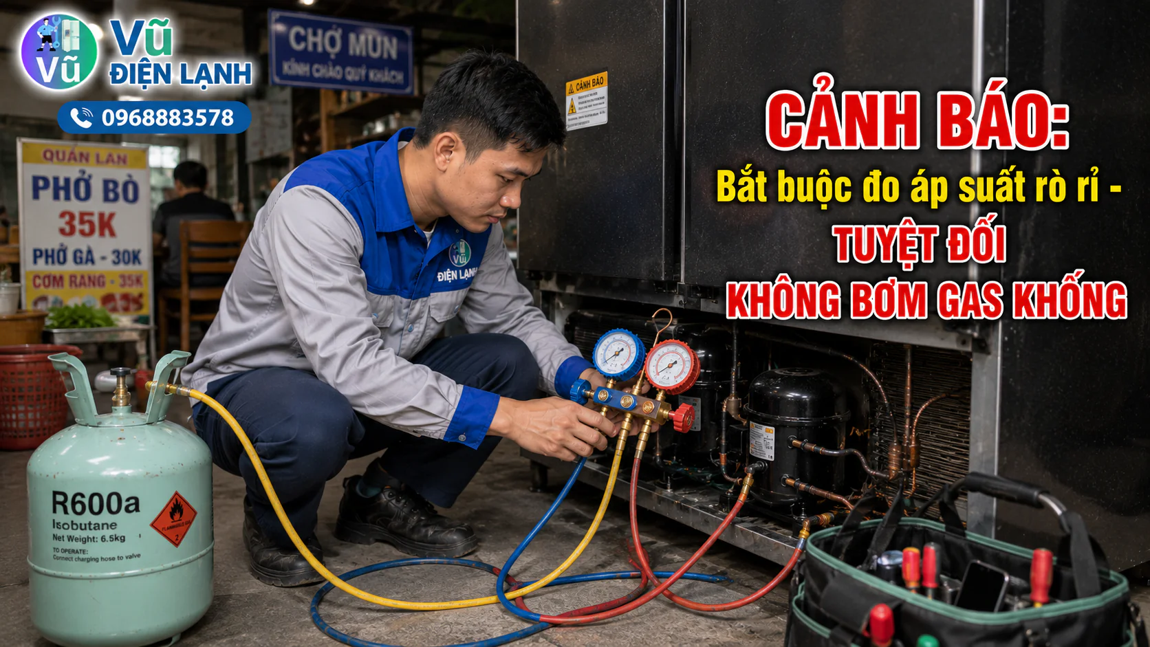Kỹ thuật viên kiểm tra rò rỉ gas bằng đồng hồ áp suất chuyên dụng, cam kết tuyệt đối không nạp gas khống moi tiền khách hàng.