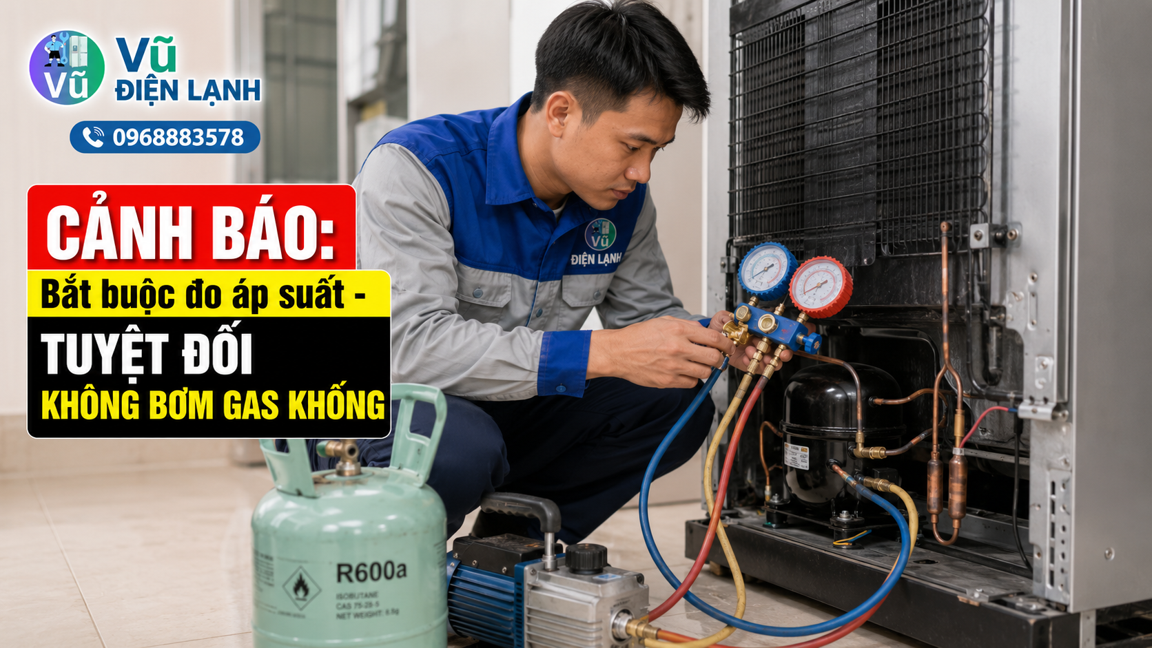 Kỹ thuật viên Vũ Điện Lạnh luôn sử dụng đồng hồ đo áp suất để kiểm tra hệ thống kín trước khi kết luận tủ lạnh bị thiếu gas.