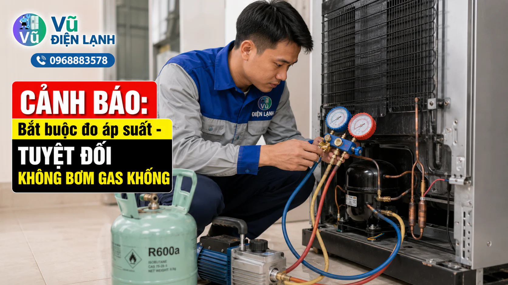 Kỹ thuật viên Vũ Điện Lạnh luôn sử dụng đồng hồ đo áp suất để kiểm tra hệ thống kín trước khi kết luận tủ lạnh bị thiếu gas.