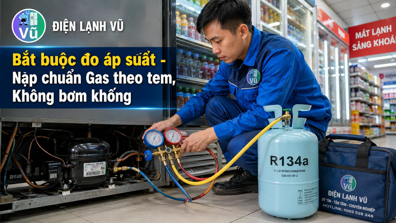 Chuyên gia Vũ Điện Lạnh sử dụng đồng hồ áp suất để kiểm tra rò rỉ và nạp gas chuẩn định lượng cho block máy nén tủ mát.