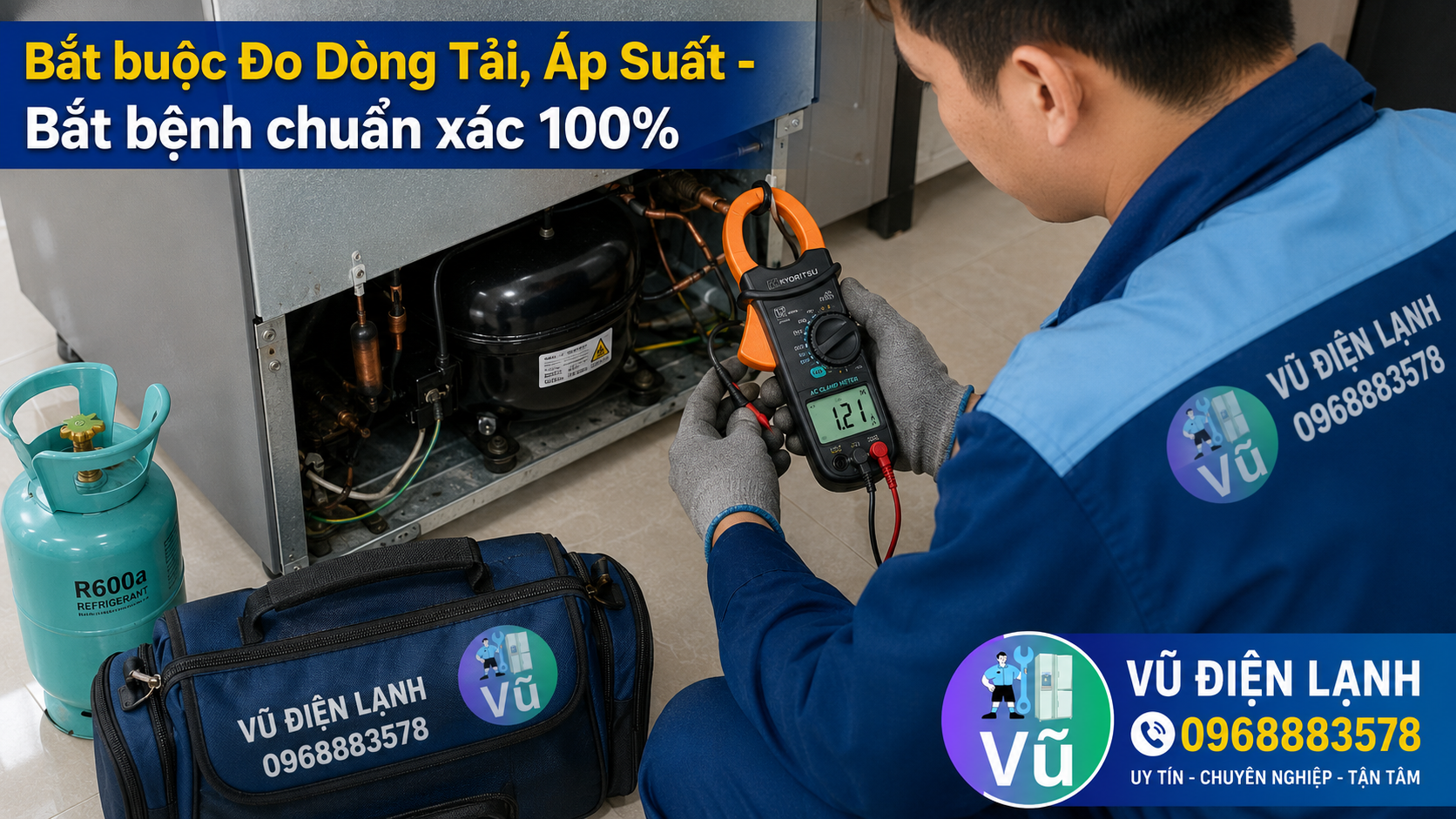 Thợ sửa tủ lạnh sử dụng Ampe kìm chuyên dụng để đo dòng tải của máy nén (Block), đảm bảo chẩn đoán chính xác lỗi trước khi báo giá.