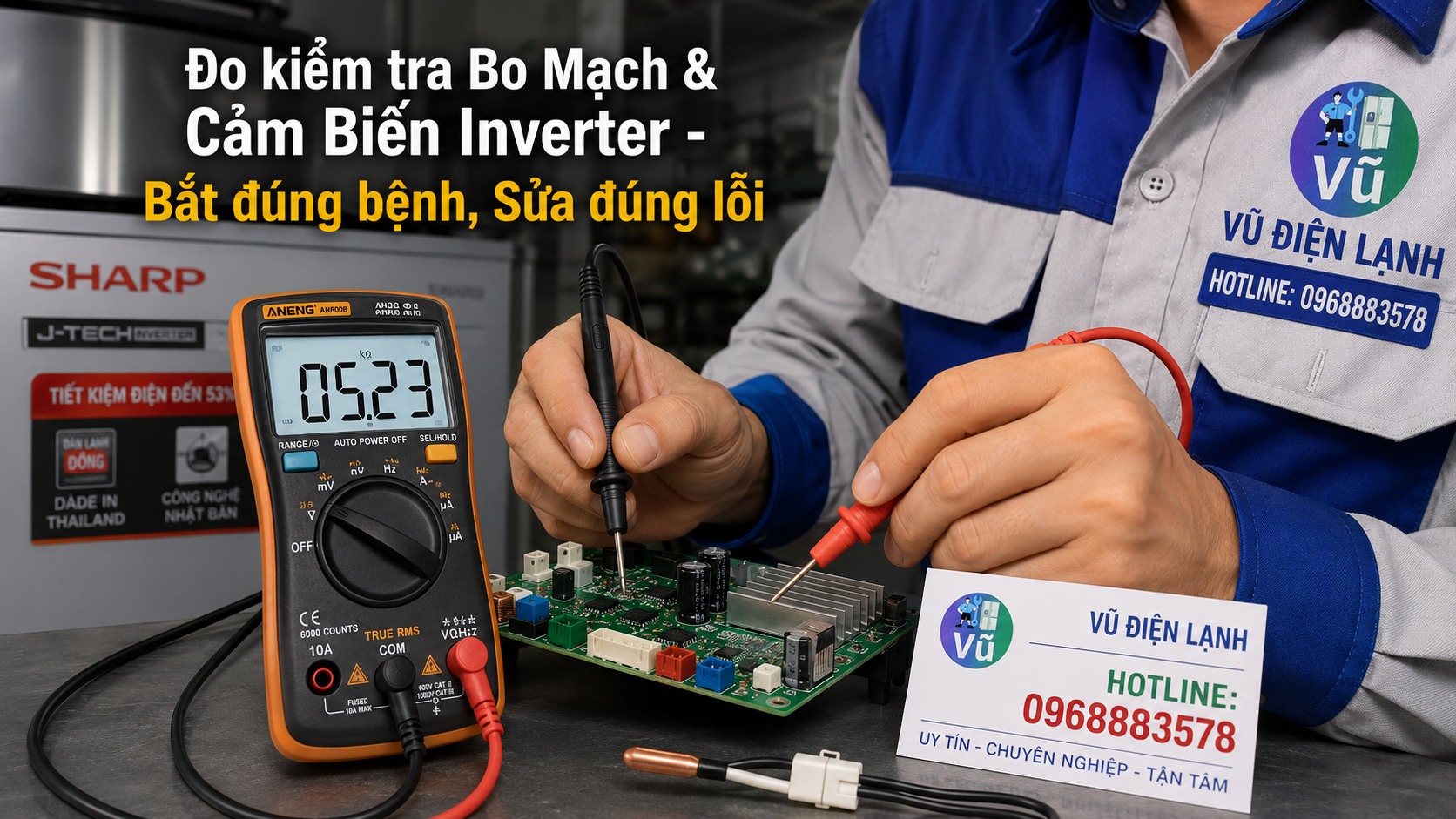 Kỹ thuật viên sử dụng đồng hồ đo điện VOM chuyên dụng để kiểm tra bo mạch và cảm biến khi tủ lạnh Sharp báo mã lỗi hệ H.