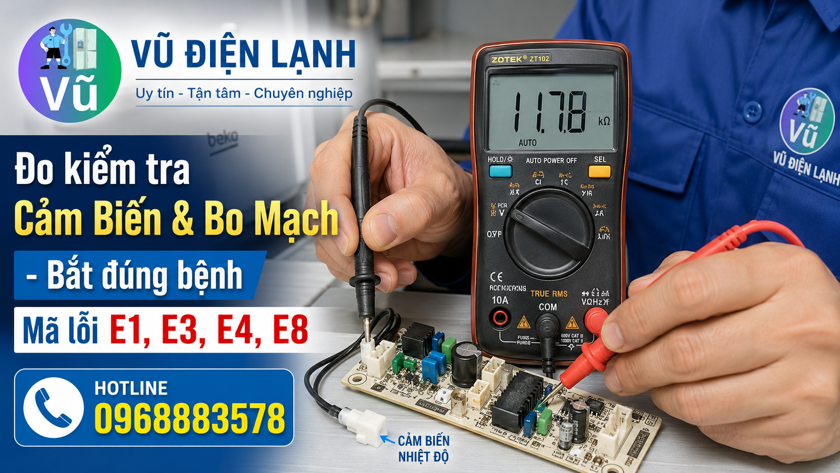 Kỹ thuật viên sử dụng đồng hồ VOM chuyên dụng để đo kiểm tra điện trở cảm biến và bo mạch khi tủ lạnh Beko báo mã lỗi hệ E.